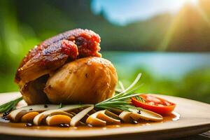 une pièce de poulet sur une assiette avec champignons et tomates. généré par ai photo