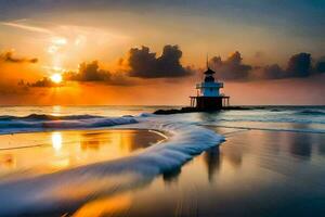 une phare est assis sur le plage à le coucher du soleil. généré par ai photo