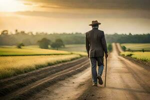 une homme dans une costume des promenades vers le bas une saleté route. généré par ai photo