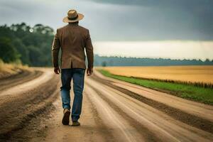 une homme dans une chapeau des promenades vers le bas une saleté route. généré par ai photo