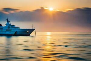 une grand yacht dans le océan à le coucher du soleil. généré par ai photo