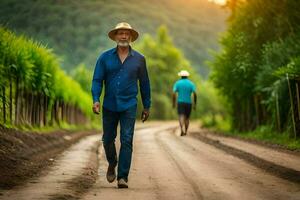 un plus âgée homme en marchant vers le bas une saleté route avec une chapeau sur. généré par ai photo