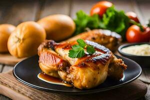 une assiette de poulet avec des légumes et sauce. généré par ai photo