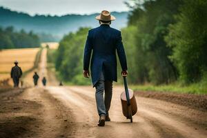 une homme dans une costume et chapeau en marchant vers le bas une saleté route avec une guitare. généré par ai photo