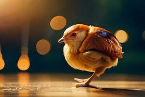 une petit poulet est permanent sur une en bois sol. généré par ai photo