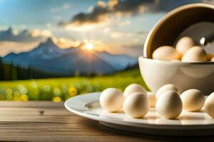 des œufs dans une bol sur une table avec montagnes dans le Contexte. généré par ai photo