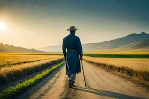 une homme dans une chapeau et manteau en marchant vers le bas une saleté route. généré par ai photo