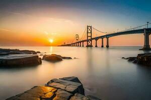 le Soleil ensembles plus de le baie pont dans Michigan. généré par ai photo