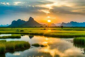 le lever du soleil plus de le li rivière, li rivière, montagnes, paysage, nature, HD fond d'écran. généré par ai photo