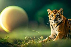 une tigre séance dans le herbe avec une grand Balle dans le Contexte. généré par ai photo