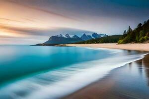 une plage et montagnes à le coucher du soleil. généré par ai photo