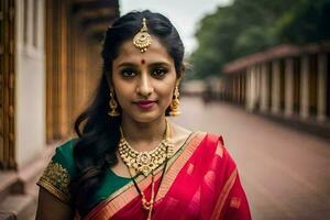 une magnifique Indien femme dans une rouge sari. généré par ai photo