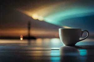 une tasse de café sur une table dans de face de une ville. généré par ai photo