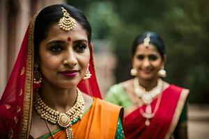 deux femmes dans traditionnel saris avec or bijoux. généré par ai photo