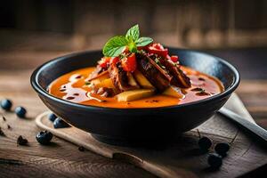 une bol de soupe avec Viande et des légumes. généré par ai photo