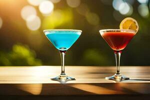 deux coloré des cocktails sur une en bois tableau. généré par ai photo