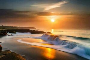 le Soleil ensembles plus de le océan et vagues. généré par ai photo