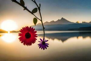 photo fond d'écran, le soleil, le montagnes, le lac, le fleurs, le montagnes, le. généré par ai