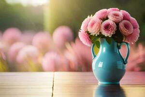 une bleu vase avec rose fleurs sur une tableau. généré par ai photo