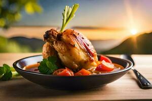 poulet dans une bol avec des légumes et une le coucher du soleil dans le Contexte. généré par ai photo