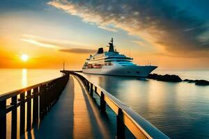 une luxe yacht amarré à le fin de une jetée à le coucher du soleil. généré par ai photo