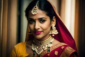 une magnifique Indien la mariée dans traditionnel tenue. généré par ai photo