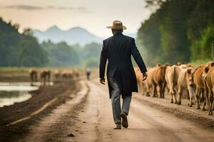 une homme dans une costume des promenades vers le bas une saleté route avec vaches. généré par ai photo