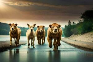 une groupe de les Lions et une chien en marchant sur une route. généré par ai photo