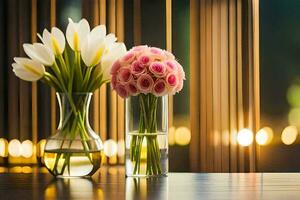 deux des vases avec fleurs sur une tableau. généré par ai photo