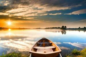 une bateau sur le Lac à le coucher du soleil. généré par ai photo