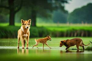 une chien et deux chiots en marchant dans le l'eau. généré par ai photo