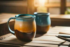 deux café des tasses sur une table avec une stylo et carnet. généré par ai photo