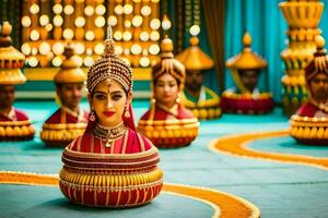 une femme dans une traditionnel Indien costume est assis dans une pot. généré par ai photo