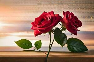 deux rouge des roses sont séance sur une en bois tableau. généré par ai photo