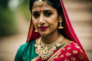 une magnifique Indien femme portant une rouge sari et or bijoux. généré par ai photo