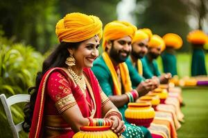 une la mariée et jeune marié dans traditionnel Indien tenue. généré par ai photo