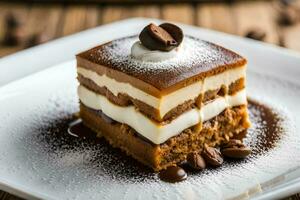 une pièce de gâteau avec café des haricots sur le côté. généré par ai photo