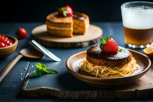 une assiette avec une gâteau et des fraises sur il. généré par ai photo