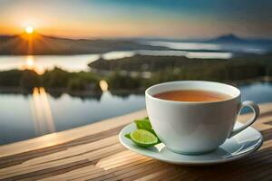 une tasse de thé sur une en bois table avec une vue de le le coucher du soleil. généré par ai photo