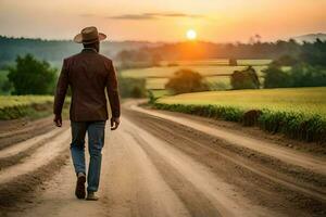 une homme dans une chapeau des promenades vers le bas une saleté route à le coucher du soleil. généré par ai photo