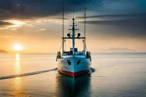 une pêche bateau dans le océan à le coucher du soleil. généré par ai photo