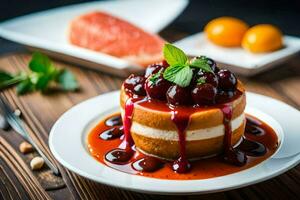 une dessert avec cerises et Orange sauce sur une plaque. généré par ai photo