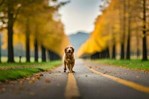 une chien en marchant vers le bas une route dans le automne. généré par ai photo