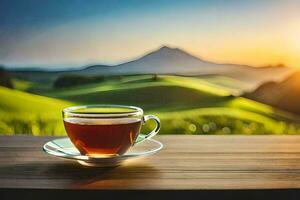 une tasse de thé sur une en bois table dans de face de une magnifique paysage. généré par ai photo