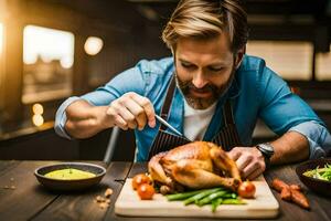 une homme est Coupe une dinde sur une Coupe planche. généré par ai photo