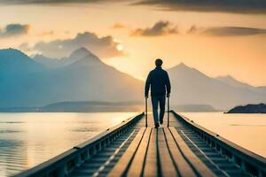 une homme en marchant sur une jetée plus de l'eau avec montagnes dans le Contexte. généré par ai photo