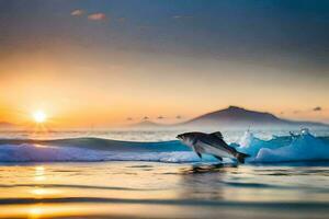 une poisson sauter en dehors de le l'eau à le coucher du soleil. généré par ai photo