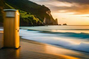 une toilette sur le plage à le coucher du soleil. généré par ai photo