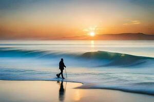 une homme en marchant sur le plage à le coucher du soleil. généré par ai photo