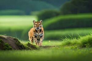 une tigre en marchant par une herbeux champ. généré par ai photo